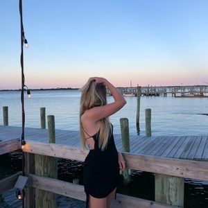 VERGE GIRL black ruched mini dress with ties